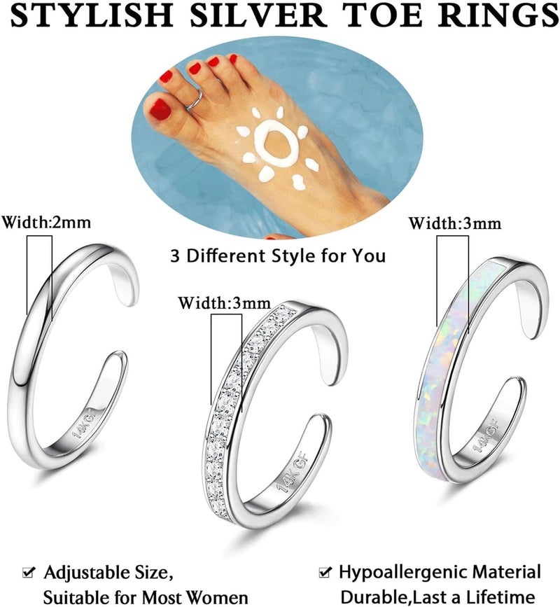 Jstyle مجموعة خواتم أصابع القدم 3 قطع من الذهب عيار 14 قيراط للنساء، خواتم أصابع القدم الفضية والذهبية القابلة للتعديل، خواتم زهور الأقحوان الأوبال CZ اللطيفة، حلبة مفتوحة، مجوهرات قدم صيفية هاواي للنساء - Image 4
